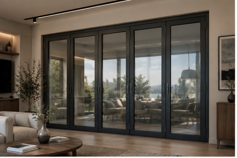 BF73 bi-folding door system — five-panel living room installation