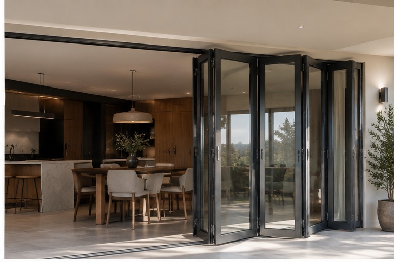 BF73 bi-folding door system — kitchen opening onto patio at sunset