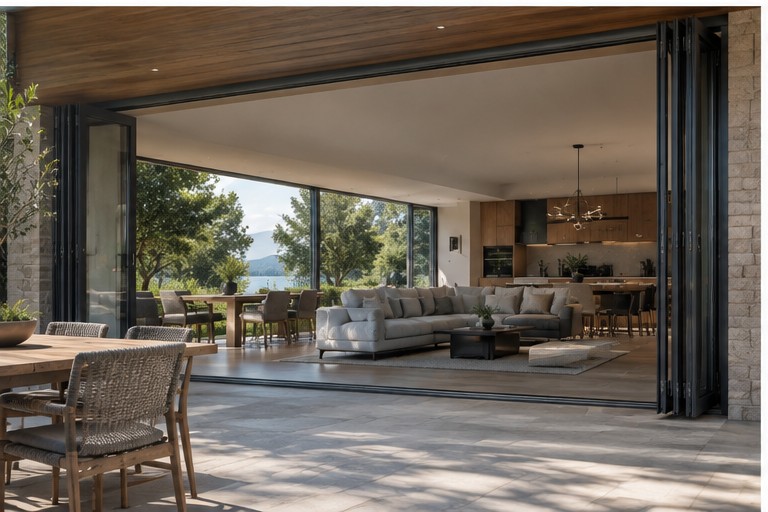 BF73 bi-folding door system — living room open to lake view terrace