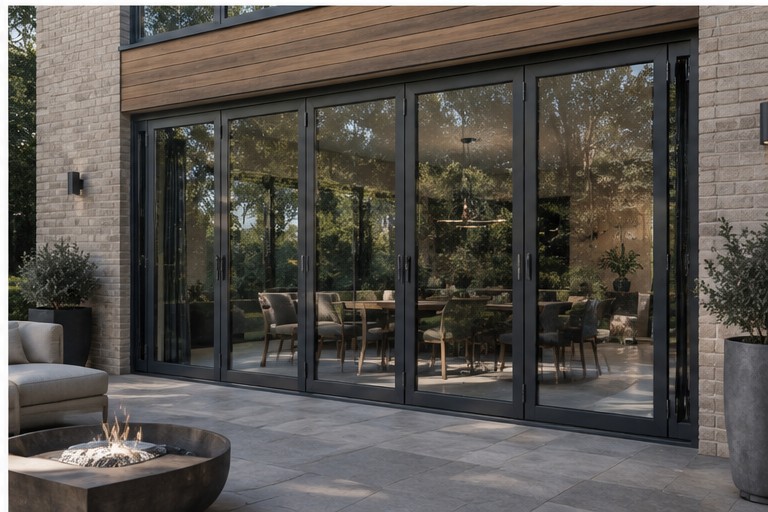 BF73 bi-folding door system — exterior patio with fire pit