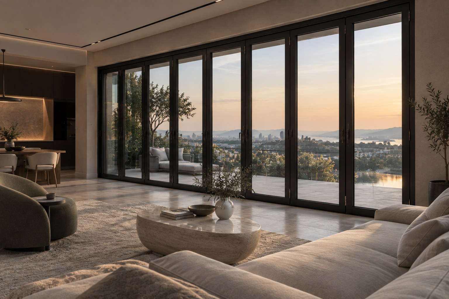 BF73 bi-folding door system — wide living room opening to city view at dusk