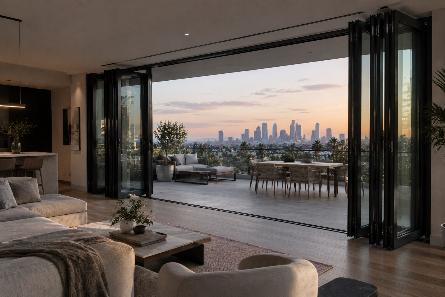 BF73 bi-folding door system — living room opening onto skyline terrace
