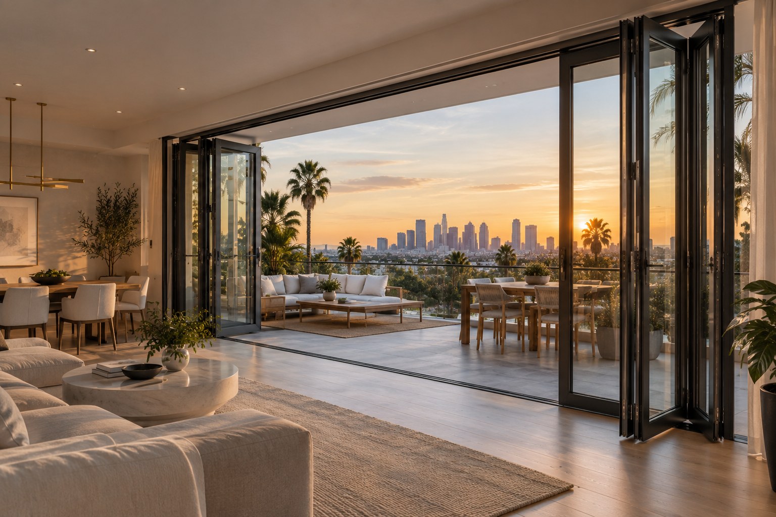 BF73 bi-folding door system — dining terrace with city skyline at sunset
