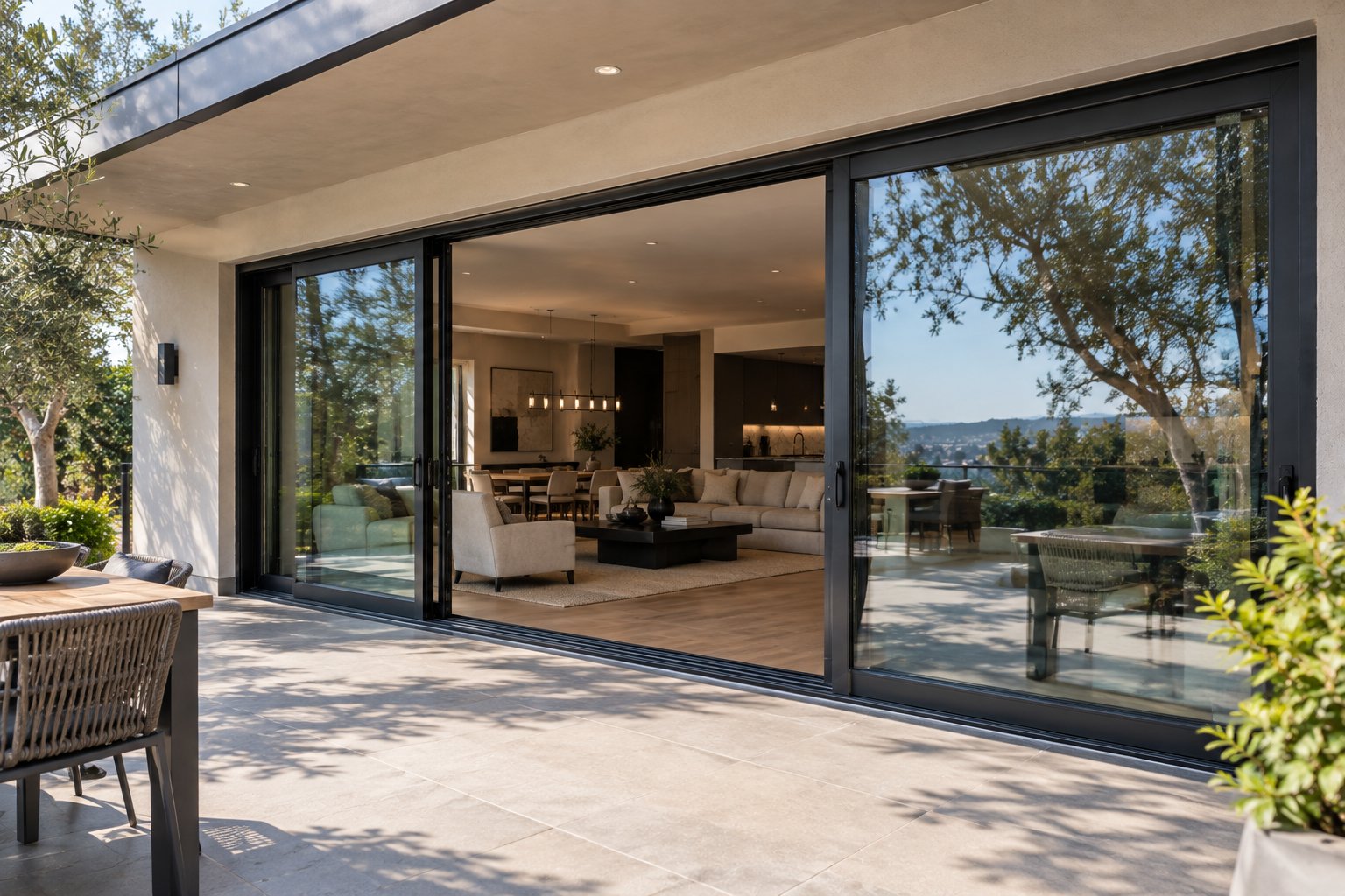 SL160 lift-and-slide door system — exterior patio view into living room