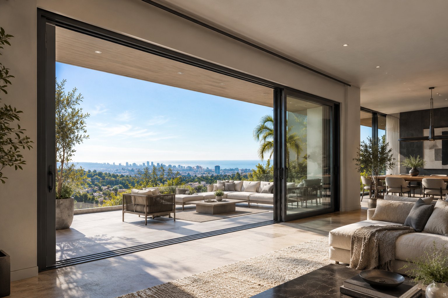 SL160 lift-and-slide door system — interior view opening onto terrace with ocean view