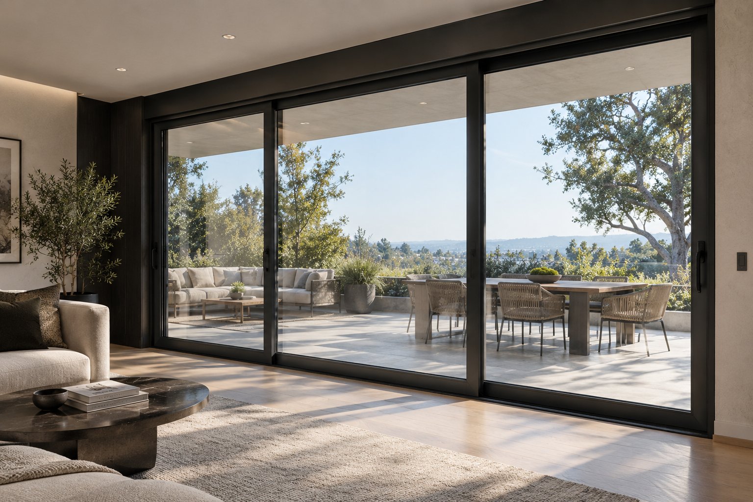 SL160 lift-and-slide door system — wide living room slider opening onto dining terrace