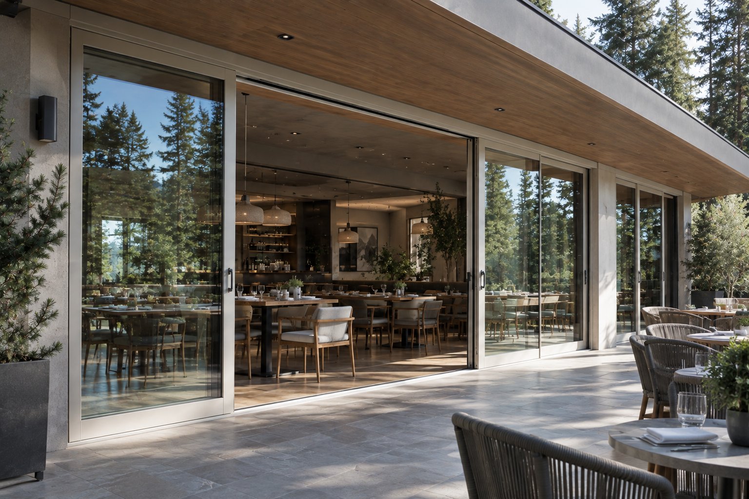 SL160 lift-and-slide door system — restaurant patio dining area
